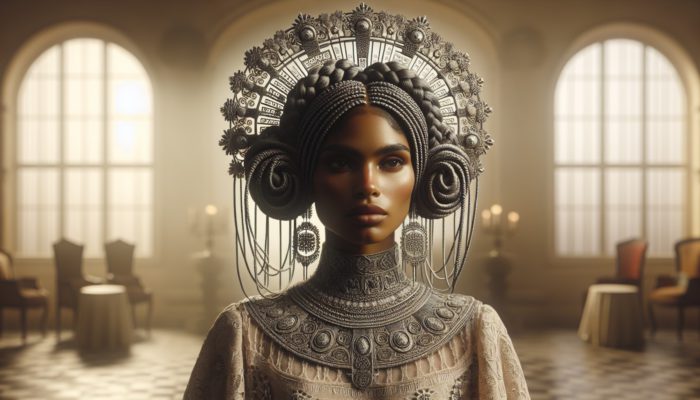 A regal woman with halo braids and intricate patterns, blending cultural elegance and modern style.