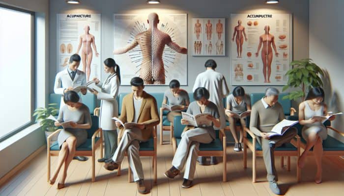 NHS clinic waiting area with patients learning about the integration of acupuncture into modern healthcare.