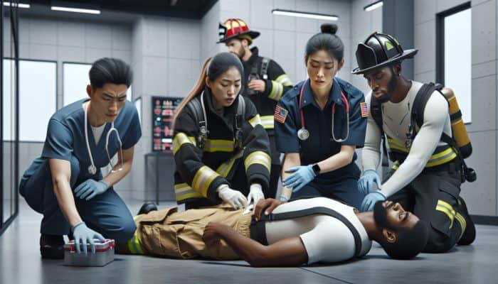 A diverse team practicing emergency drills, improving coordination and response times in a controlled environment.