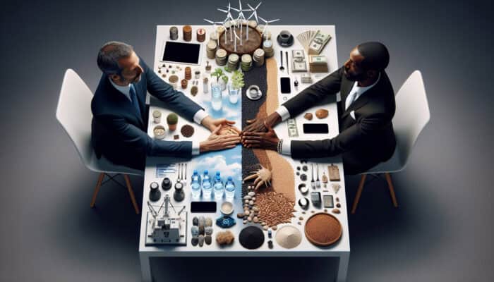 Two people shaking hands over a table with resources, symbolizing a successful partnership.