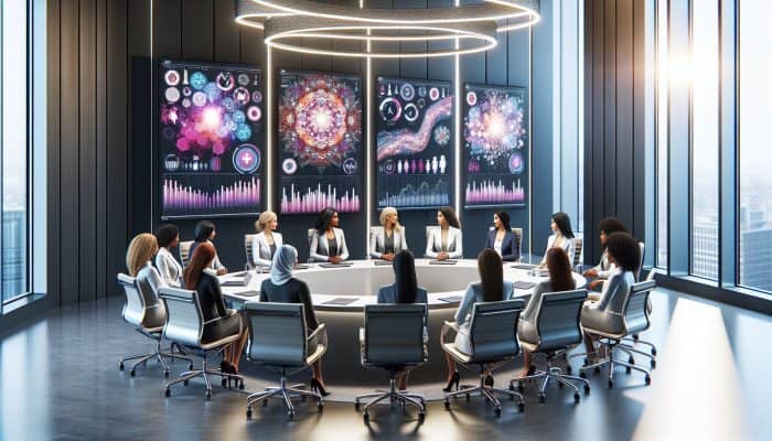 A diverse panel of female health professionals discussing women's health in a modern conference room equipped with digital screens.