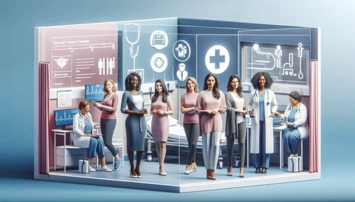 Diverse UK women accessing healthcare services through NHS GPs and private clinics, with medical service symbols.