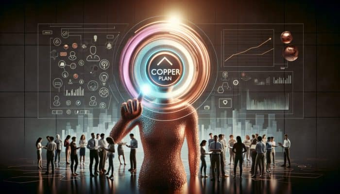 Individual selecting Copper Plan on EZi Gold website, team setting up, website thriving with rising visitor graphs.