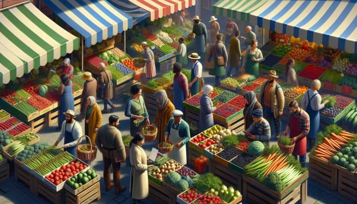 UK farmers' market with seasonal produce: asparagus, berries, parsnips, kale, displayed at colorful stalls.