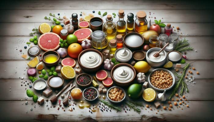 A still life of marinade ingredients including vinegar, citrus, yogurt, oils, herbs, and sweeteners on a rustic table.
