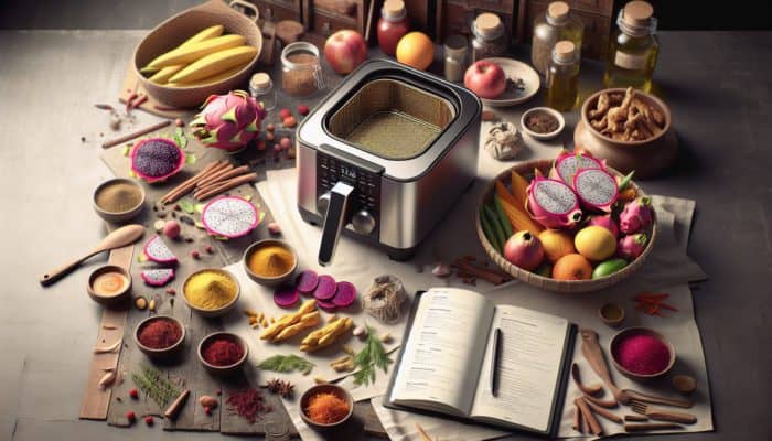 An open air fryer on a kitchen counter with exotic ingredients, spices, herbs, and a recipe notebook.