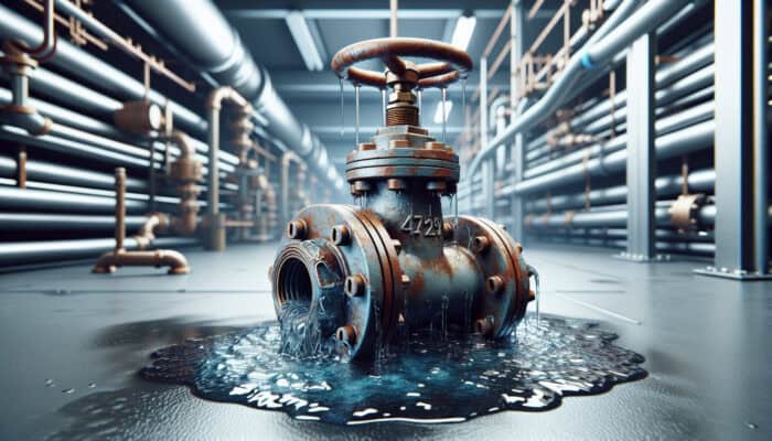 Corroded water valve leaking, surrounded by a pool of water and showing rust and discoloration, in a utility room.