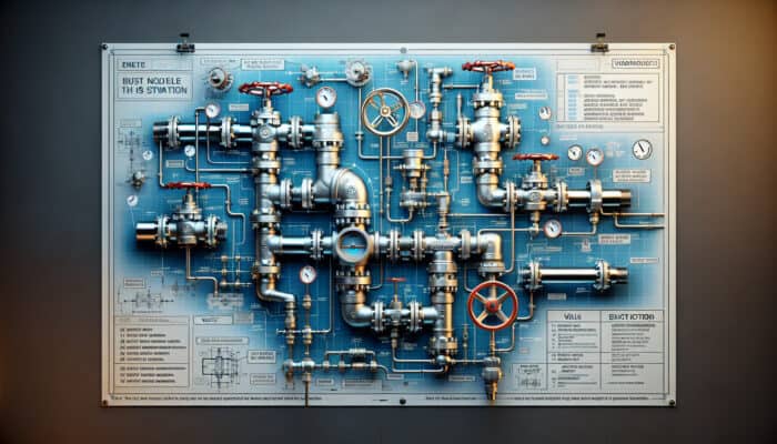 Cross-section of plumbing system illustrating gate, ball, check, and butterfly valves, demonstrating water flow.