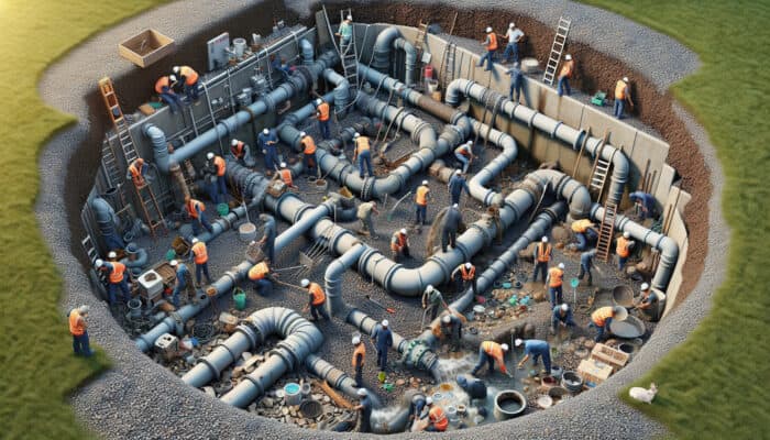 Maintenance workers examining and clearing debris from a perimeter drainage system, ensuring the functionality of pipes and gravel.