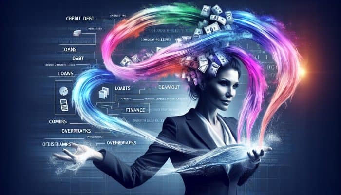 Debt Consolidation for a Simpler Lifestyle: UK Guide | DCL Debt Consolidation for a Simpler Lifestyle: Person managing finances, consolidating debts into one loan, symbolized by merging colorful streams into a clear river.