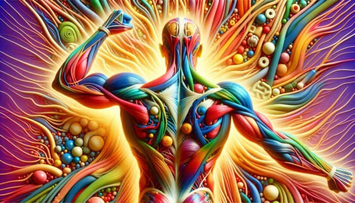 Illustration depicting collagen as the body's glue, enhancing joint flexibility and skin elasticity, alongside colorful representations of muscles, skin, and connective tissues.
