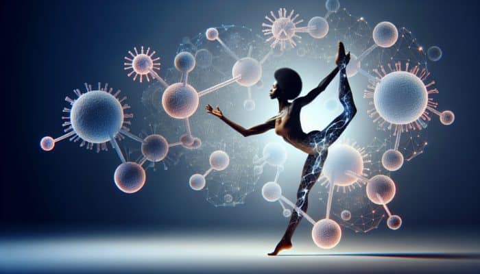 A woman gracefully stretching surrounded by glowing collagen molecules, with soft light illuminating her skin.