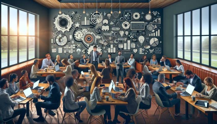 A collaborative digital marketing strategy session in a Budleigh Salterton café, featuring small business owners and a consultant.