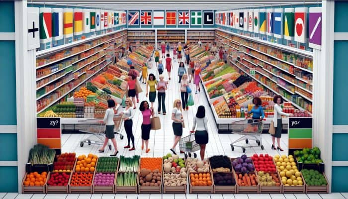 Budget-Friendly Nutrition for Women: UK supermarket scene with Tesco, Asda, Sainsbury's logos, discounted healthy foods, cheerful female shoppers.