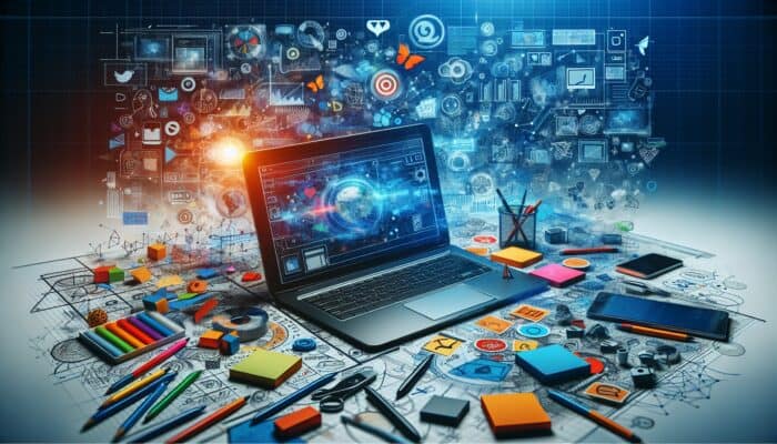 A laptop displaying Pinterest with colorful sticky notes and sketches around, illustrating video pin creation techniques.