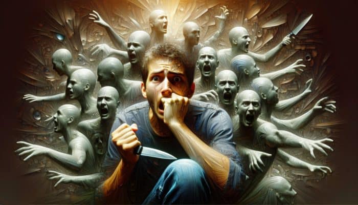 A person holding a knife, surrounded by shadowy figures and fragmented memories, symbolizing anxiety from past experiences and societal fears.
