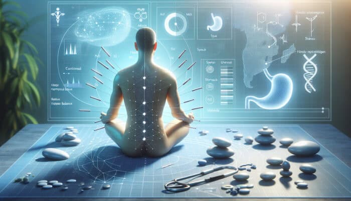 Acupuncture session targeting metabolism with needles placed on spleen and stomach points, a clinical setting featuring hormonal diagrams.