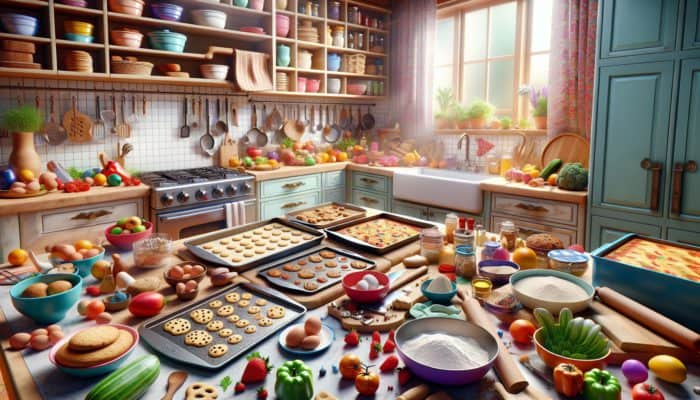 A kitchen scene with labeled baking sheets, ingredients, and utensils under warm lighting.