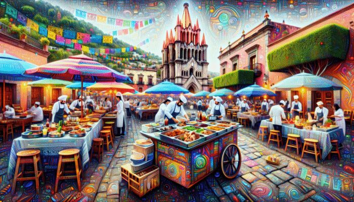 A lively culinary tour in San Miguel de Allende featuring street food, gourmet meals, and cooking classes amidst vibrant celebrations.
