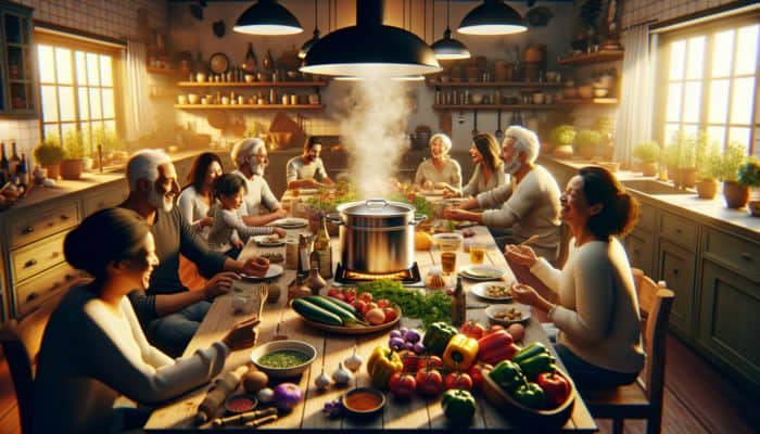A diverse family enjoying a steaming one-pot meal in a cozy kitchen.