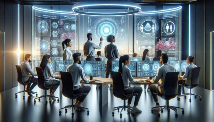 Diverse team of human virtual analysts in a tech office, analyzing data showing decreased churn and increased satisfaction.