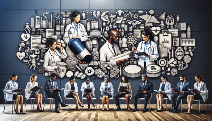 Professionals analyzing regulatory changes in healthcare and pharmaceuticals in a conference room.