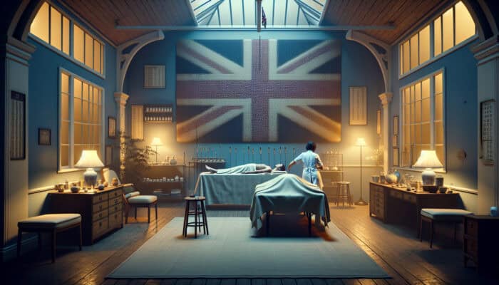 A glimpse into the evolution of acupuncture meridians in the UK, showcasing a 1970s clinic blending traditional Chinese practices with British healthcare.