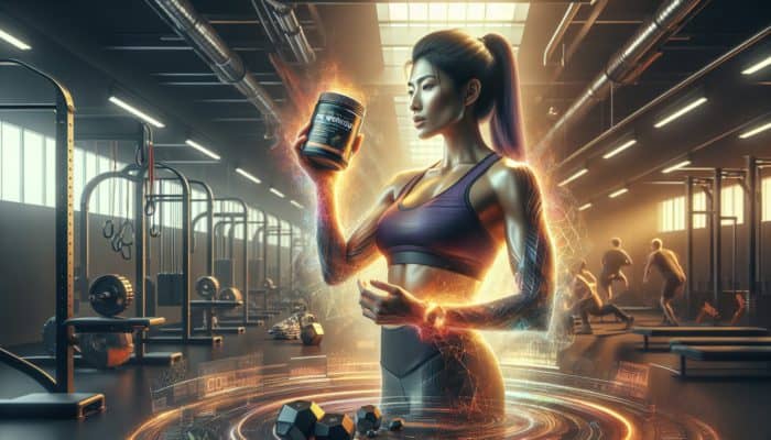 A person in athletic gear with a pre-workout supplement, clock showing 20-30 minutes before a gym session.