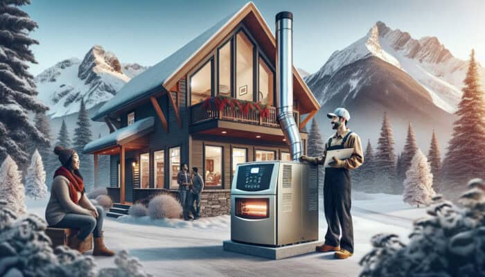 A certified technician servicing a modern furnace in a cozy Whistler home, with snowy mountains in the background.