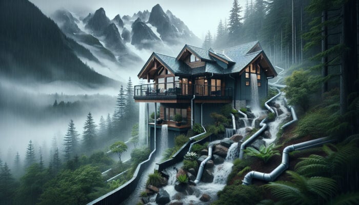 Crawl Space Drainage Solutions in Squamish: A house in Squamish, BC, surrounded by misty mountains, showcasing a drainage system efficiently directing rainwater away from its foundation.