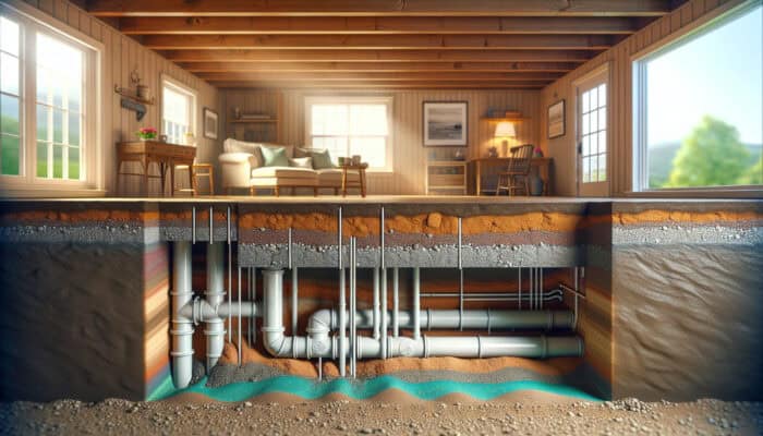 Cross-section of a residential crawl space illustrating drainage pipes diverting water, showcasing clay soil retaining moisture and sandy soil allowing runoff under soft light.