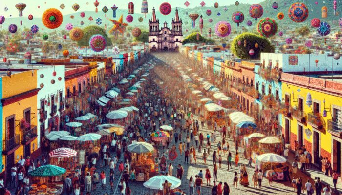 A bustling San Miguel de Allende street during Día de los Muertos, filled with tourists and markets selling traditional items at elevated prices.
