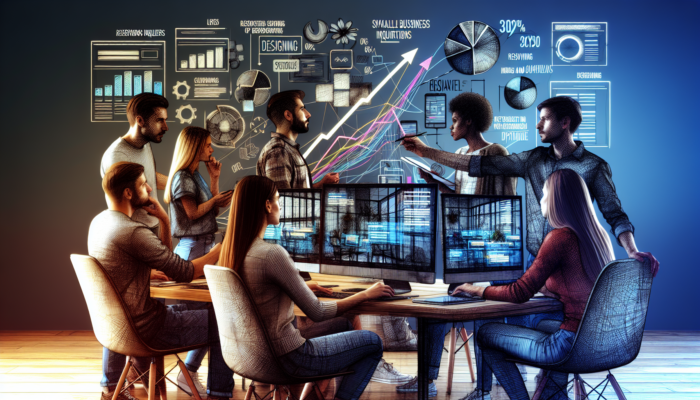 Team of web designers in a modern Poole office working on a restaurant website redesign, examining screens and a 30% inquiry increase graph.