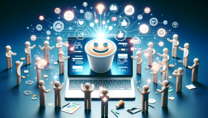 Innovative website for a Poole coffee shop on a laptop, featuring interactive menus, blog entries, and satisfied users sharing on social media.