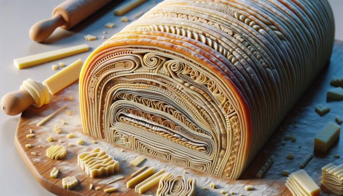 Cross-section view of laminated dough demonstrating single, double, and letter folds, showcasing varying layers and textures.