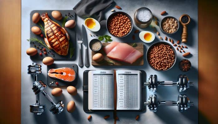 Diet for Strength Training: A kitchen counter displaying protein-rich foods like chicken, salmon, eggs, legumes, dumbbells, and a fitness journal.