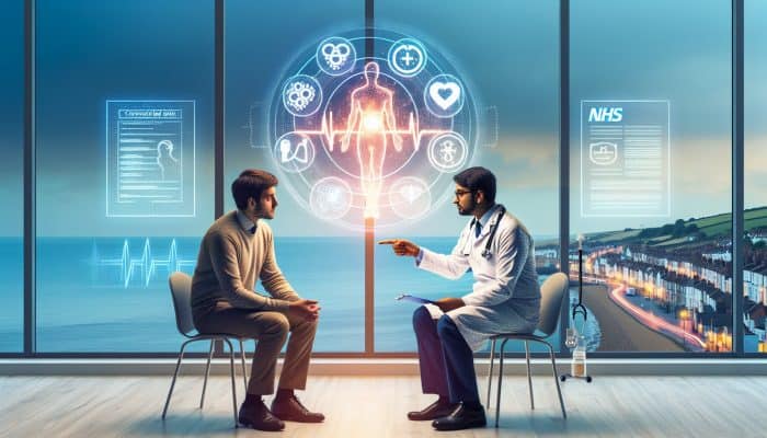 GP discusses cortisol test results with patient in Hastings clinic, pointing to screen showing elevated levels and Cushing's graphs.
