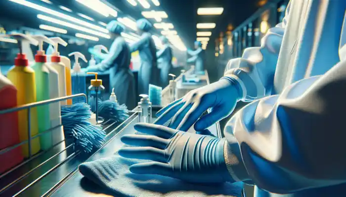 Close-up of blue vinyl gloves on a cleaner's hands in a bustling UK hospital, wiping surfaces with cleaning supplies.